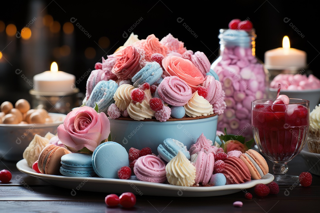 Mesa cheia de doces coloridos e apetitosos.