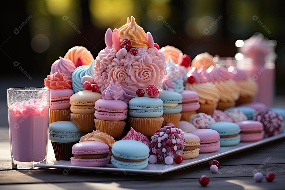 Mesa cheia de doces coloridos e apetitosos.