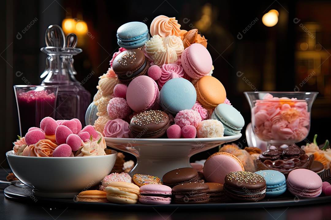 Mesa cheia de doces coloridos e apetitosos.