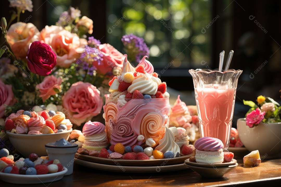 Mesa cheia de doces coloridos e apetitosos.