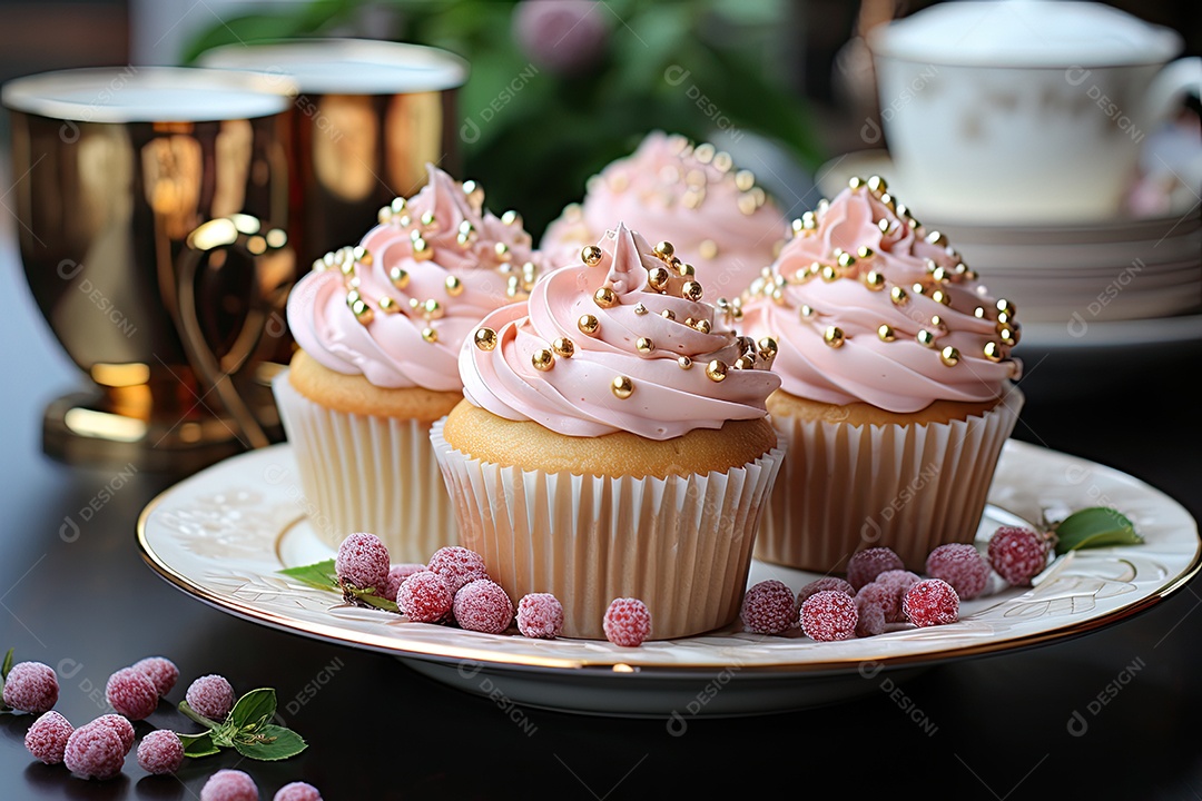 Cupcake rosa rodeado de migalhas e confetes açucarados.