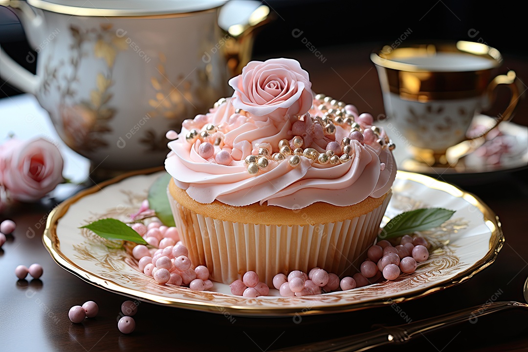 Cupcake rosa rodeado de migalhas e confetes açucarados.