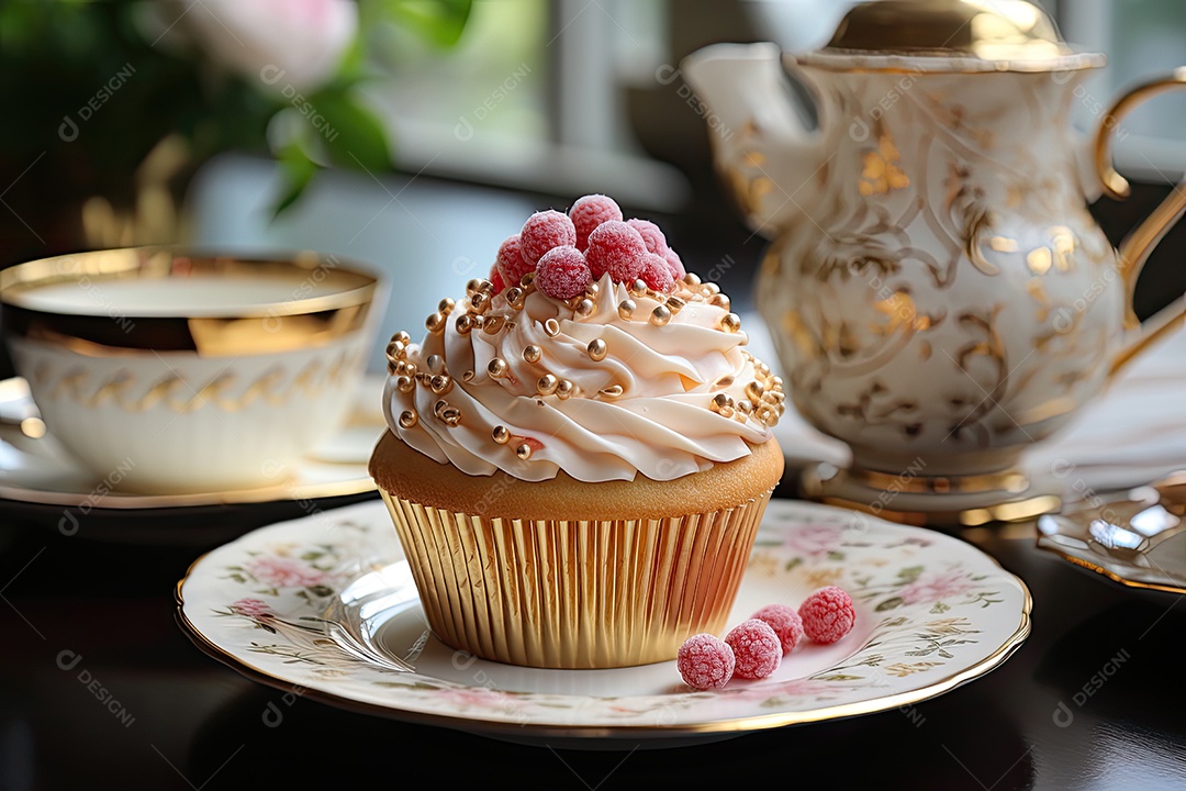 Cupcake rosa com glacê, pérolas de açúcar e framboesa.