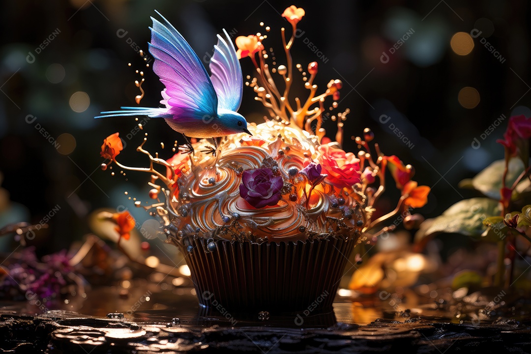 Cupcake mágico em jardim encantado, rodeado por seres fantásticos.