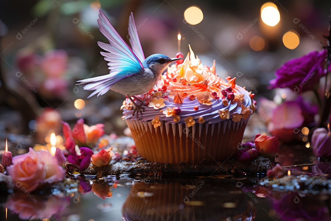 Cupcake mágico em jardim encantado, rodeado por seres fantásticos.