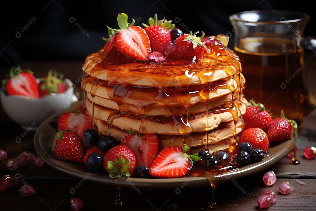 Monte de waffles dourados com morangos frescos e mel.