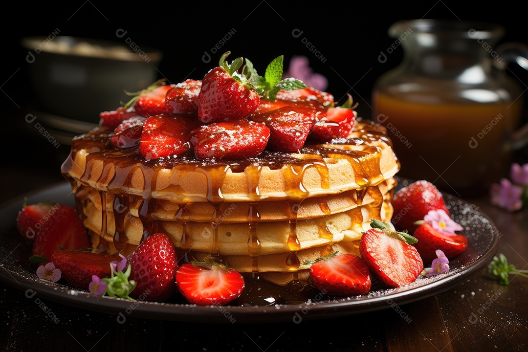 Delicioso waffles com calda e frutas