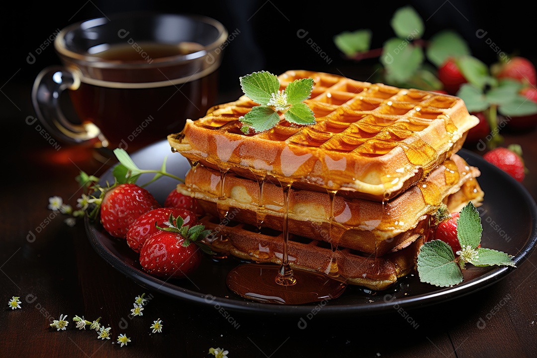 Delicioso waffles com calda e frutas