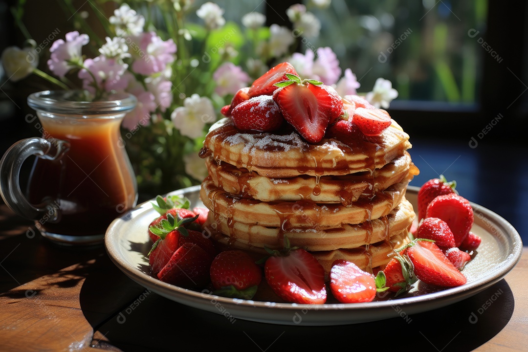 Delicioso waffles com calda e frutas