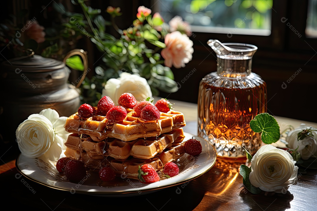 Delicioso waffles com calda e frutas