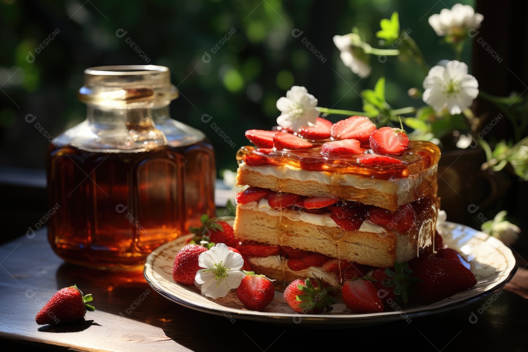 Delicioso waffles com calda e frutas