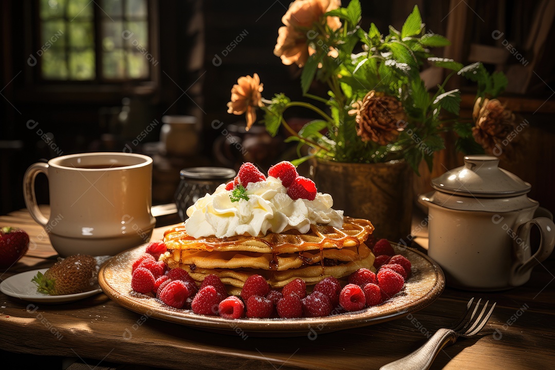 Delicioso waffles com calda e frutas