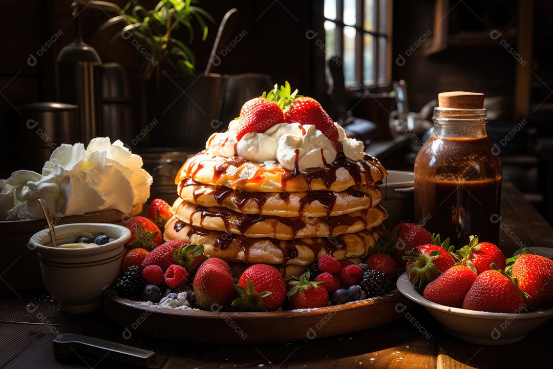 Delicioso waffles com calda e frutas