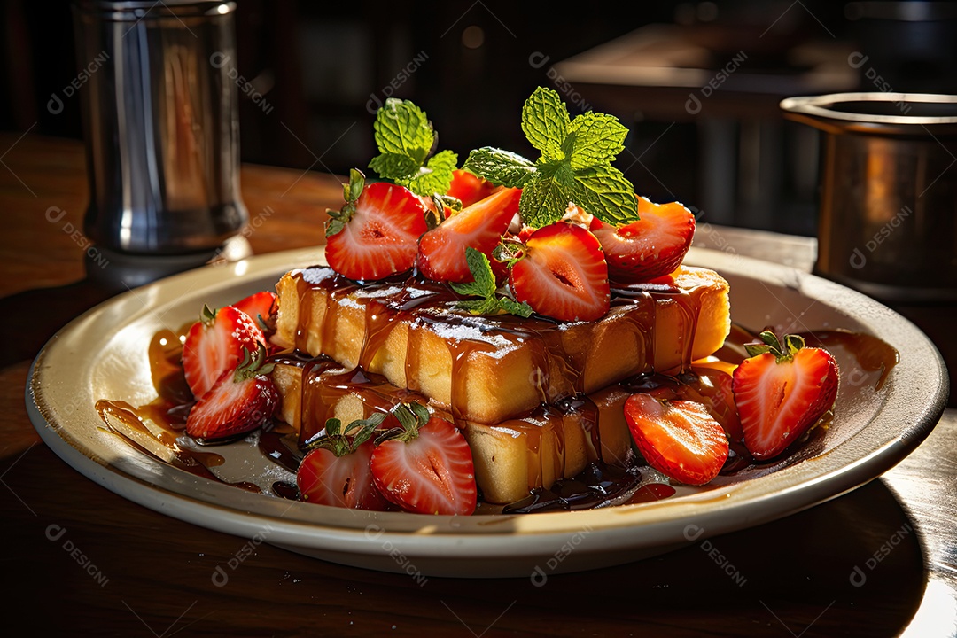 Delicioso waffles com calda e frutas