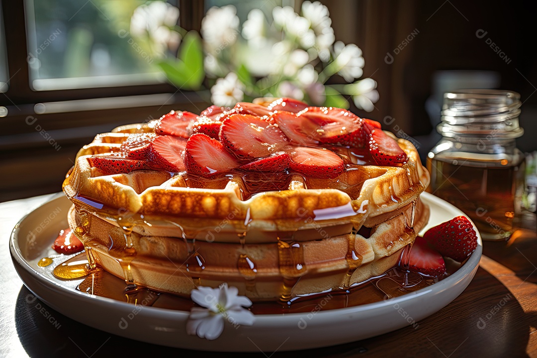 Delicioso waffles com calda e frutas