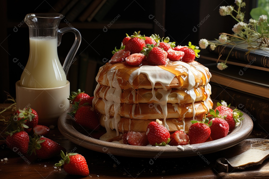 Delicioso waffles com calda e frutas