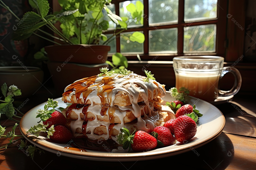 Delicioso waffles com calda e frutas