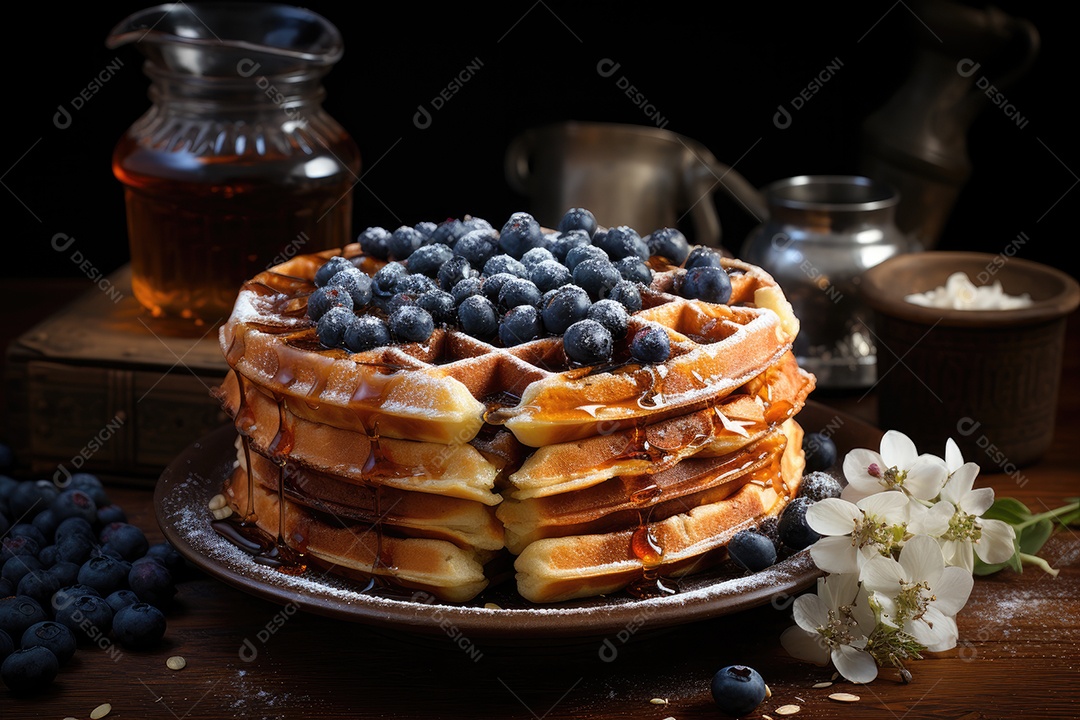Delicioso waffles com calda e frutas