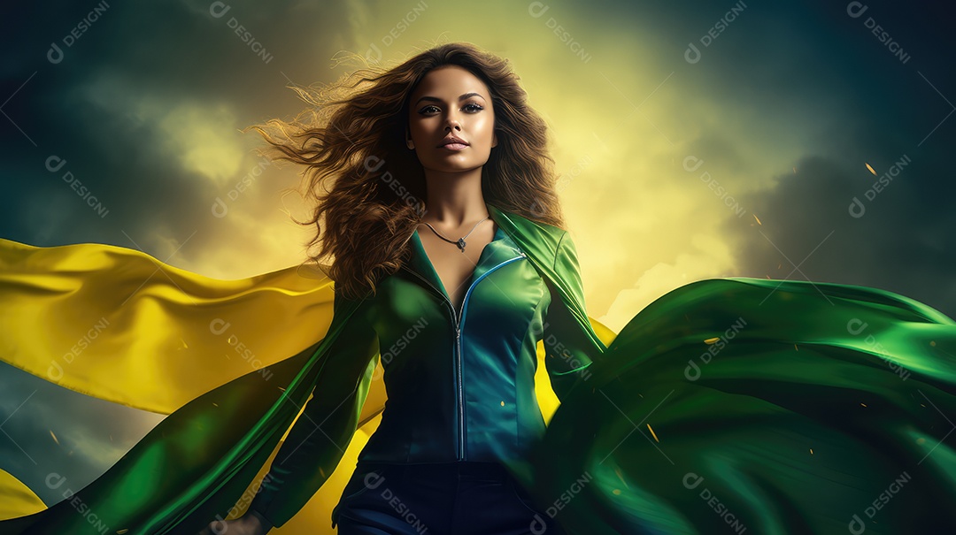 Uma bela jovem sorrindo abraçando uma bandeira brasileira no Dia da Independência do Brasil