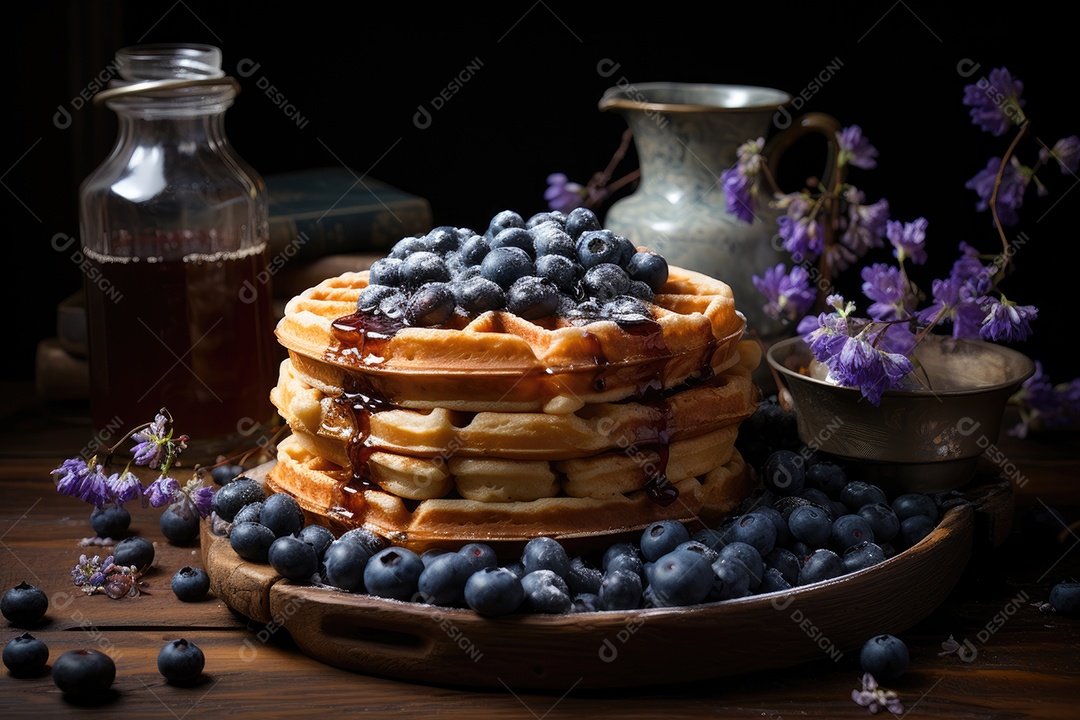 Waffles artísticos dispostos em cena rústica e aconchegante.