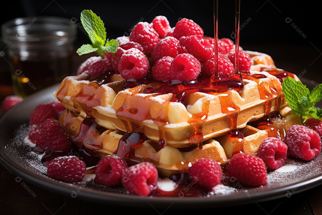Delicioso waffles com calda e frutas
