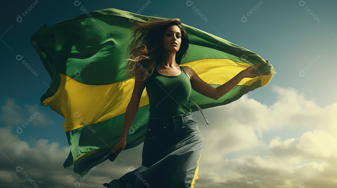 Uma bela jovem sorrindo abraçando uma bandeira brasileira no Dia da Independência do Brasil