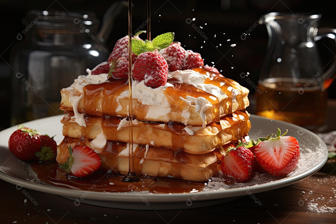 Delicioso waffles com calda e frutas