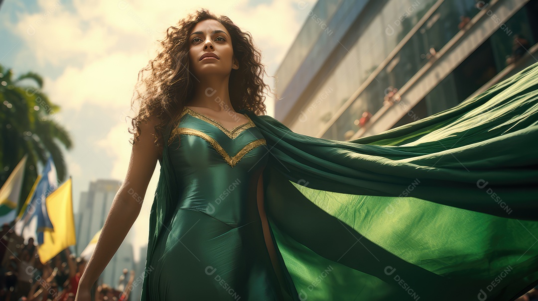 Uma bela jovem sorrindo abraçando uma bandeira brasileira no Dia da Independência do Brasil