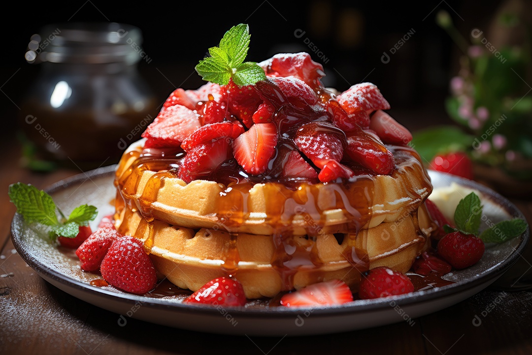 Delicioso waffles com calda e frutas