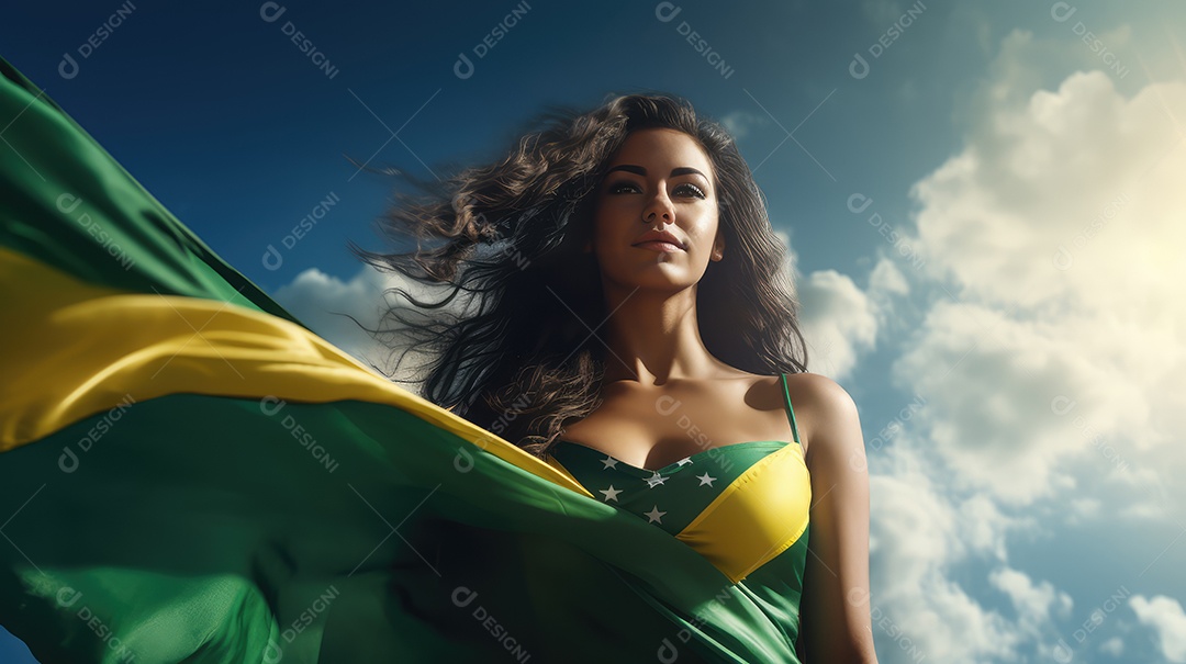 Uma bela jovem sorrindo abraçando uma bandeira brasileira no Dia da Independência do Brasil
