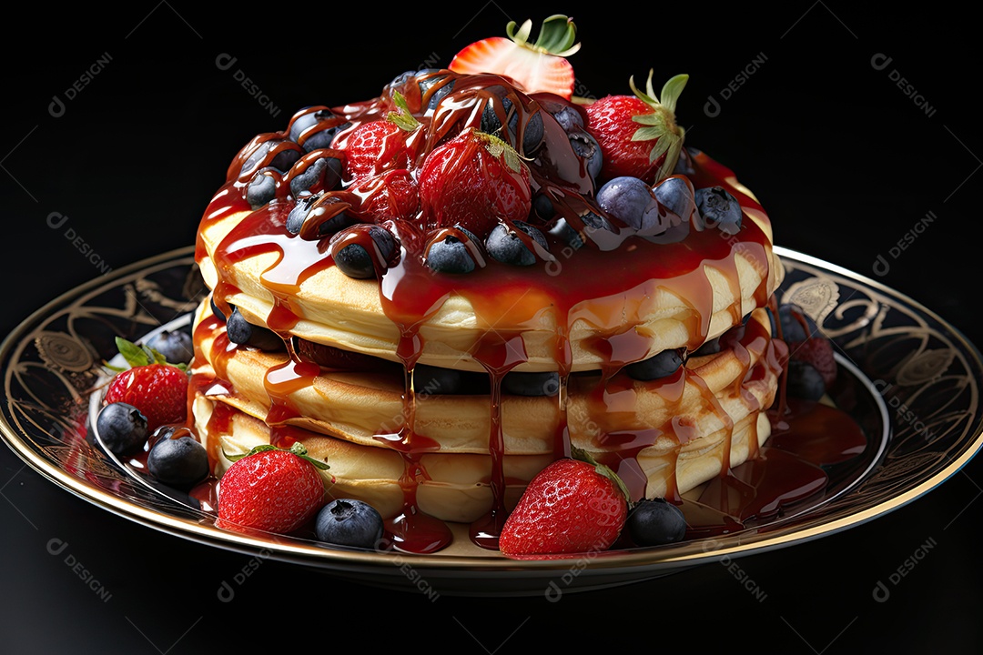 Delicioso waffles com calda e frutas