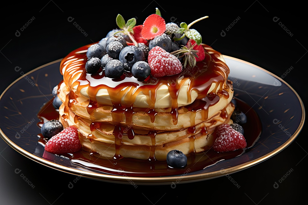 Delicioso waffles com calda e frutas