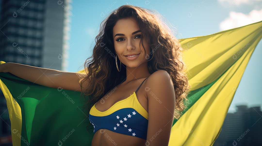 Uma bela jovem sorrindo abraçando uma bandeira brasileira no Dia da Independência do Brasil