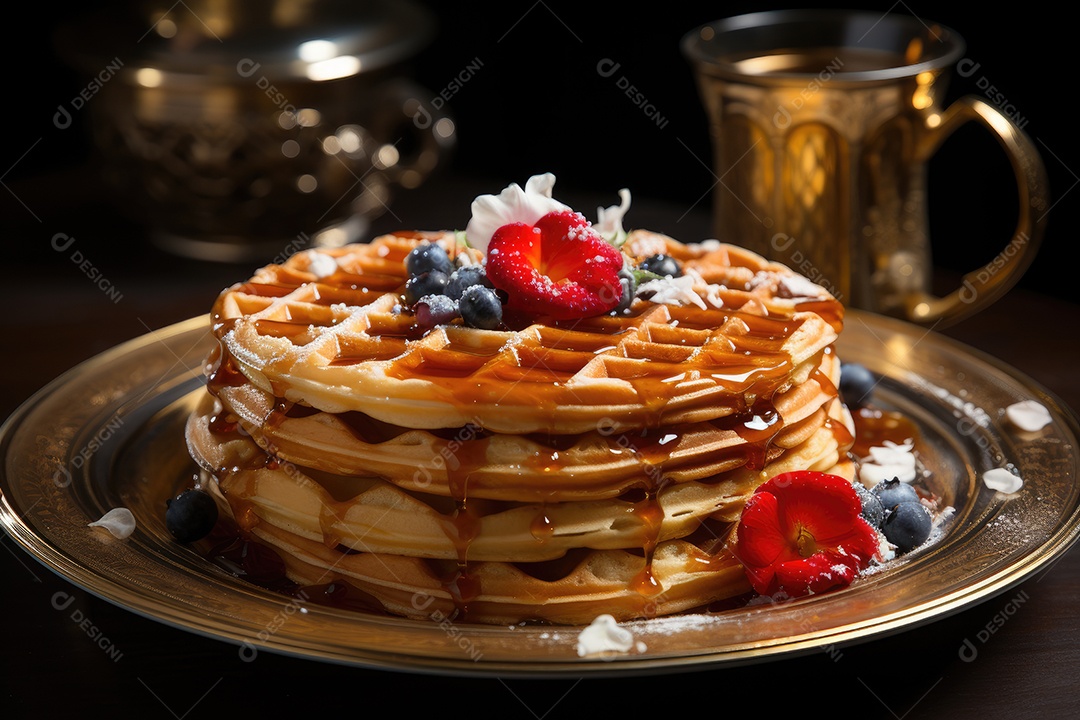 Delicioso waffles com calda e frutas