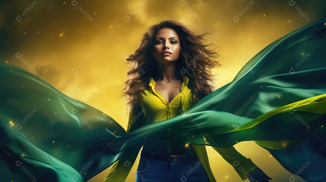 Uma bela jovem sorrindo abraçando uma bandeira brasileira no Dia da Independência do Brasil