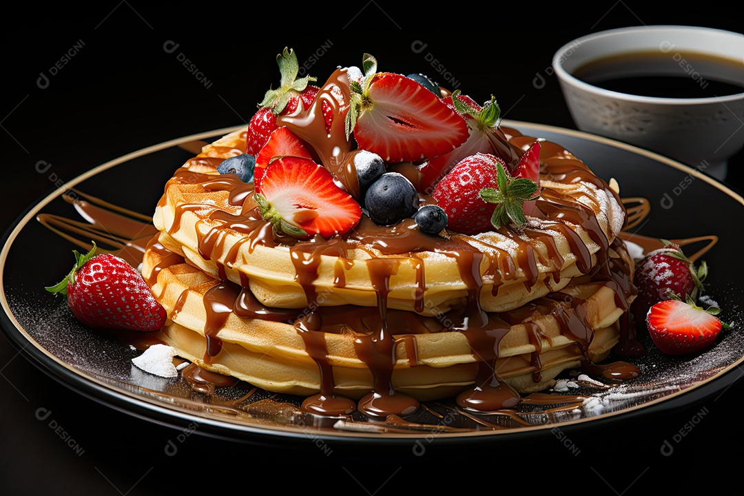 Delicioso waffles com calda e frutas