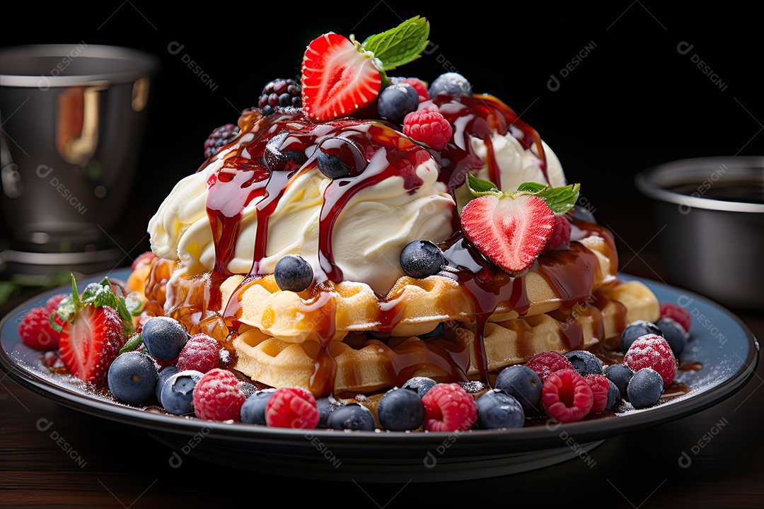 Delicioso waffles com calda e frutas
