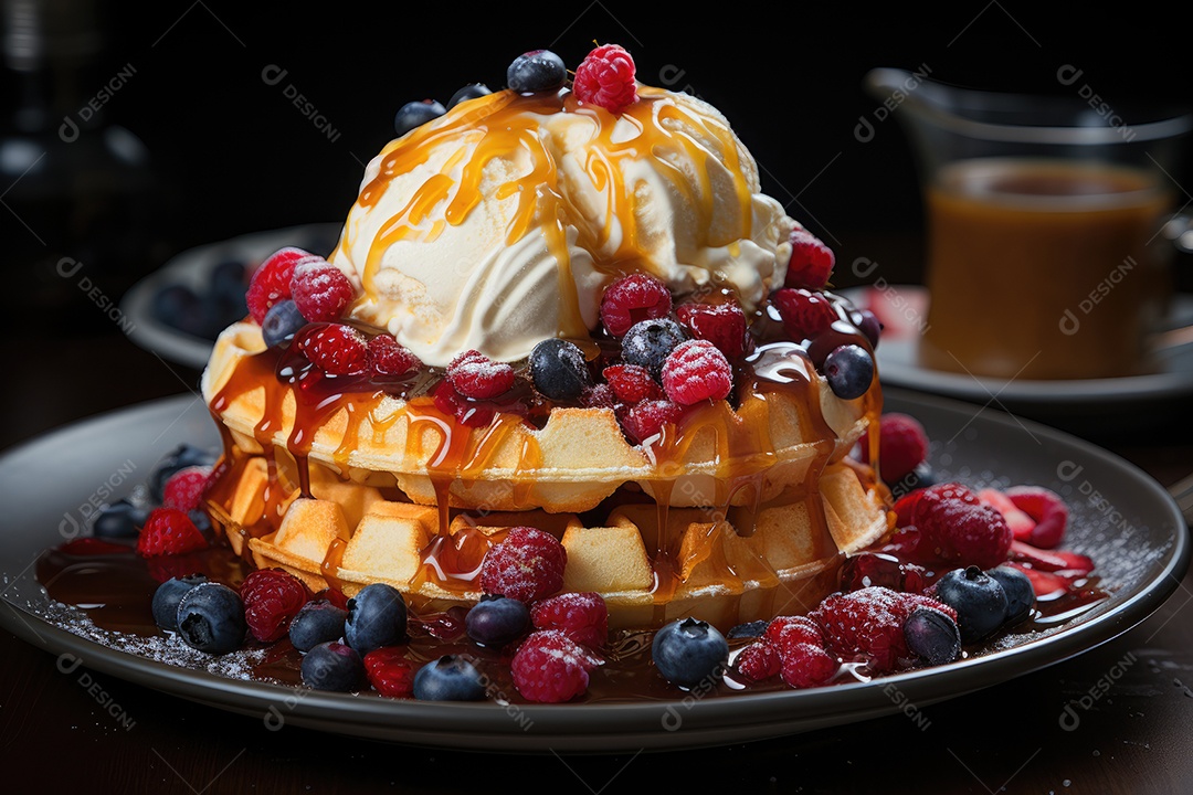 Delicioso waffles com calda e frutas