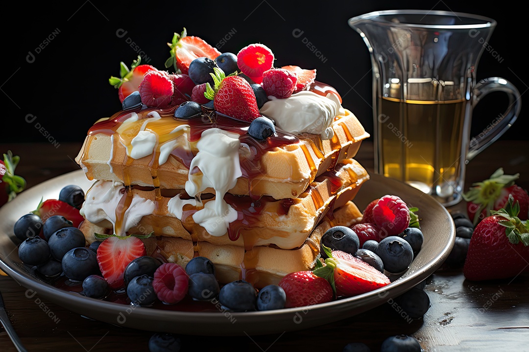 Delicioso waffles com calda e frutas