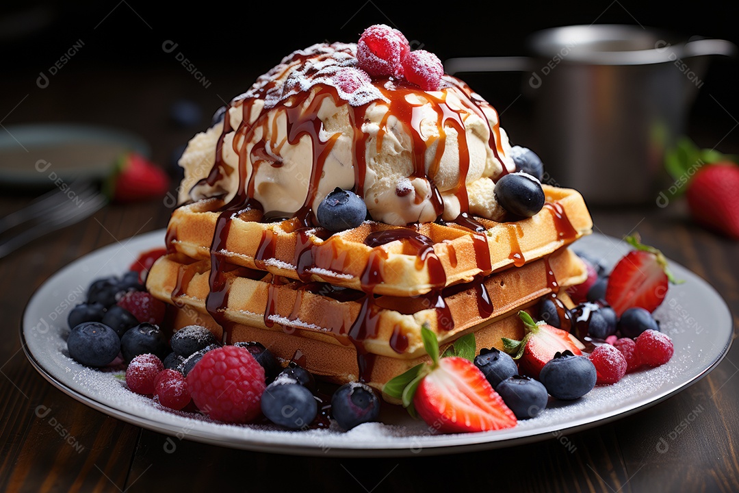 Delicioso waffles com calda e frutas