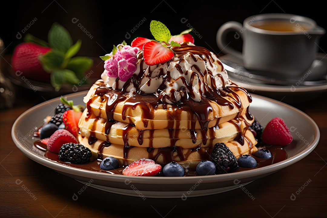 Delicioso waffles com calda e frutas