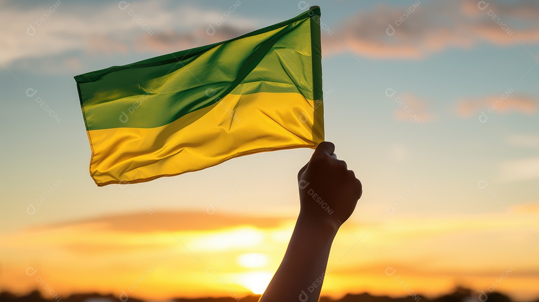 Mão segurando bandeira verde e amarela contra o céu no dia da independência do Brasil e espaçamento para texto