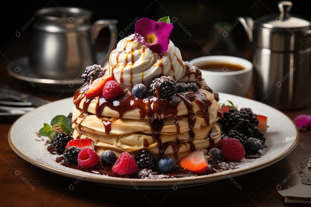 Delicioso waffles com calda e frutas