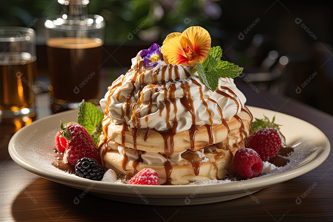 Delicioso waffles com calda e frutas