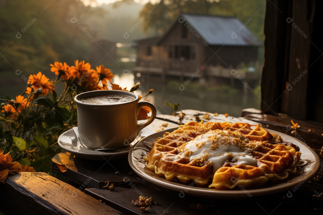 Delicioso waffles com calda e frutas