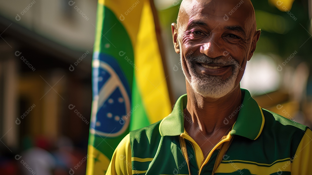 Um homem sorrindo para a câmera com uma bandeira do Brasil no Dia da Independência do Brasil