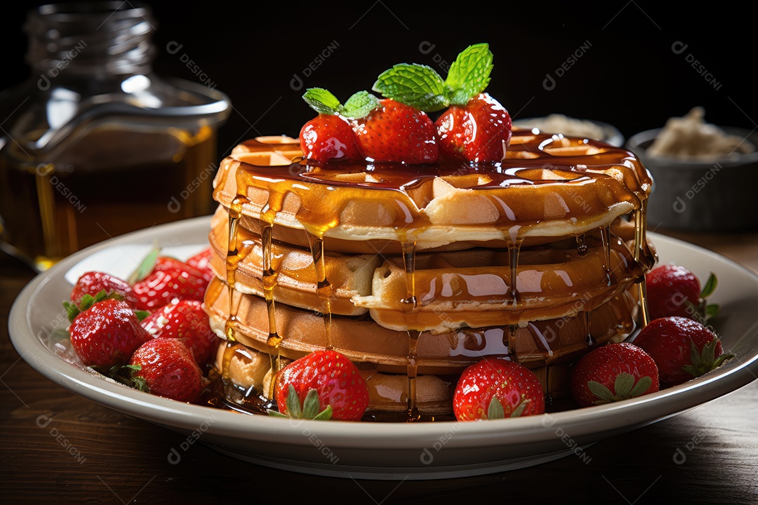 Delicioso waffles com calda e frutas