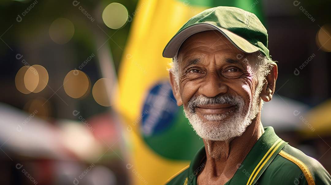 Um homem sorrindo para a câmera com uma bandeira do Brasil no Dia da Independência do Brasil