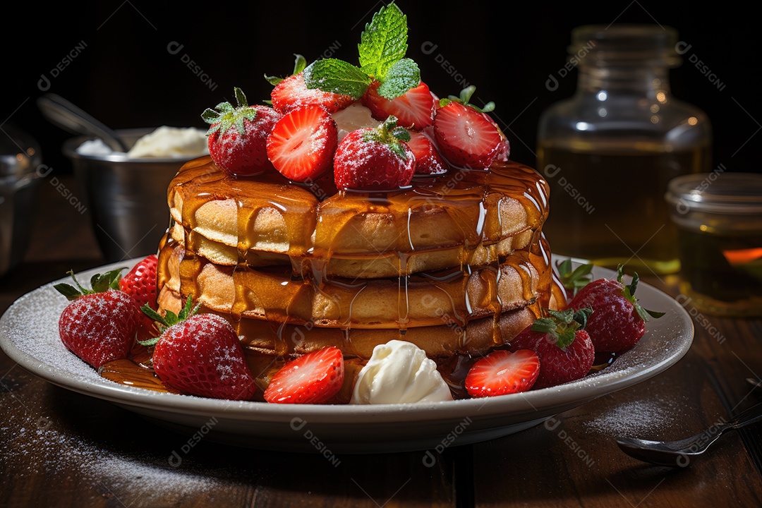Delicioso waffles com calda e frutas