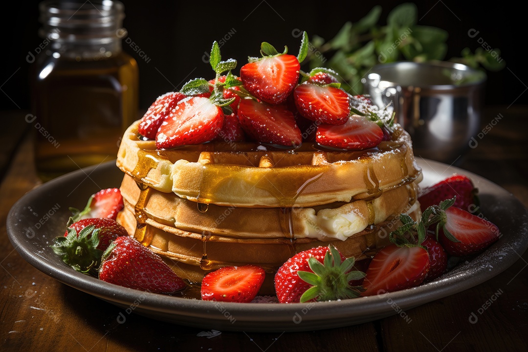 Delicioso waffles com calda e frutas